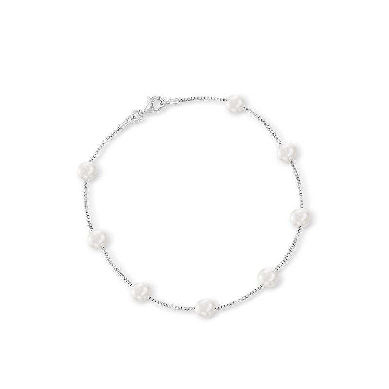 7-7.5mm Cultured Pearl Station Anklet in Sterling Silver. 10&quot; image number 0