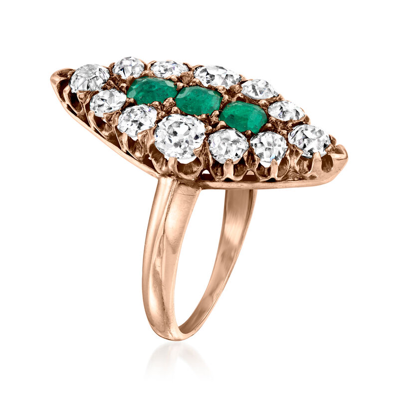 C. 1920 Vintage .45 ct. t.w. Emerald and 1.35 ct. t.w. Diamond Navette Ring in 12kt Rose Gold image number 2