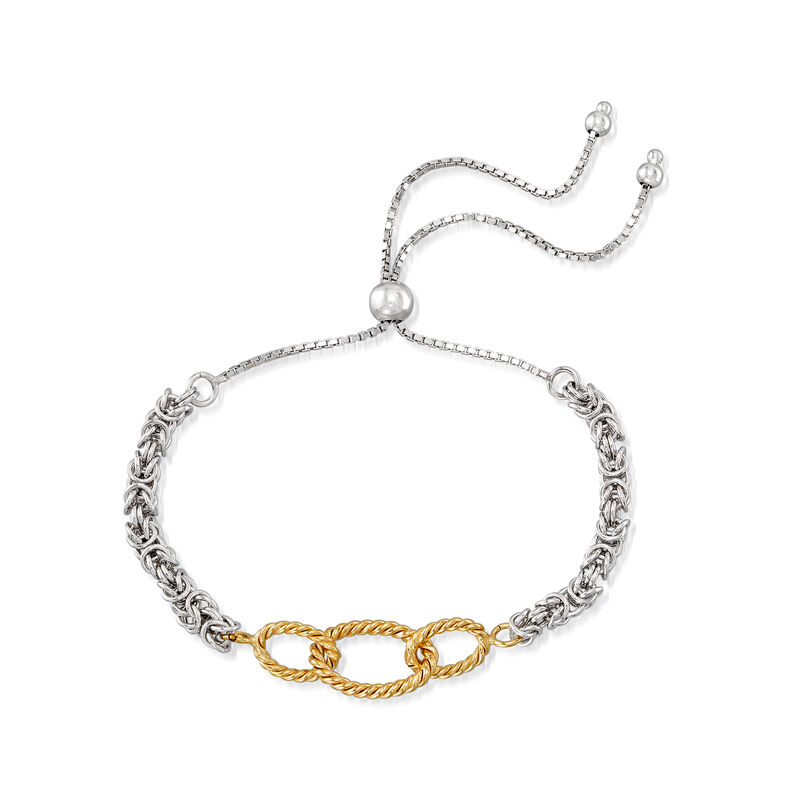 Sterling Silver Byzantine Bolo Bracelet with 14kt Yellow Gold Oval Links image number 2