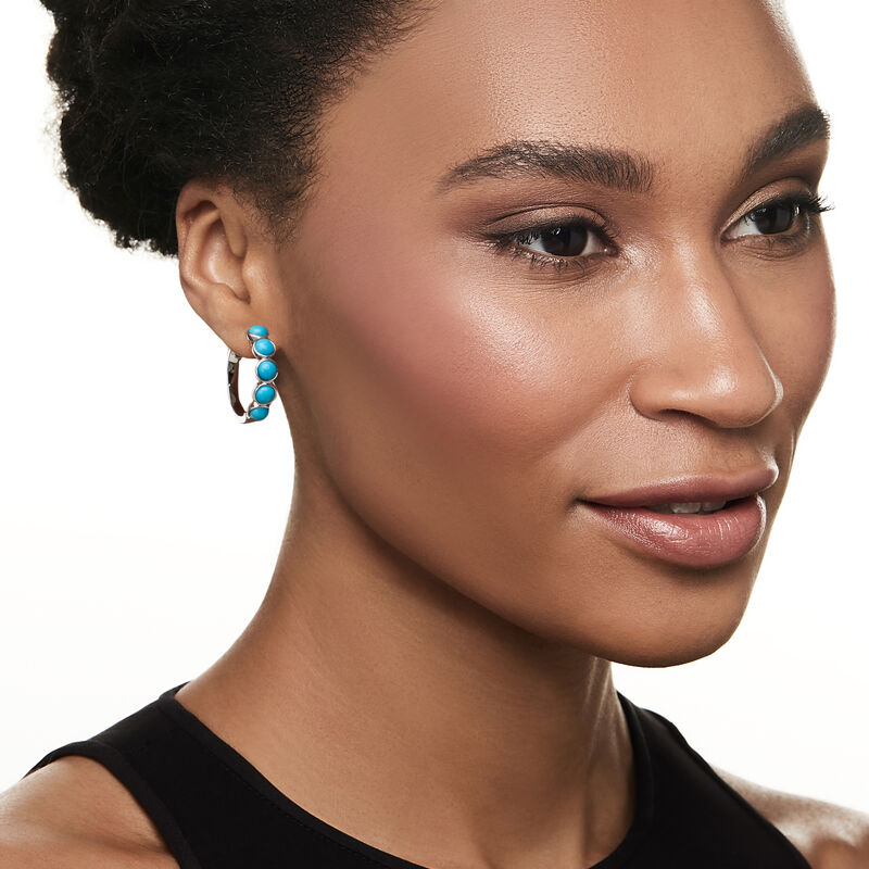 Turquoise Hoop Earrings in Sterling Silver. 7/8&quot; image number 1