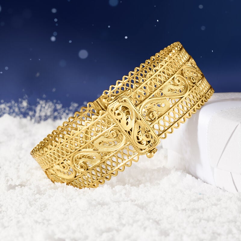18kt Gold Over Sterling Wide Filigree Bangle Bracelet image number 4