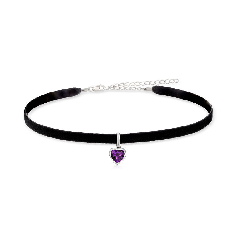1.80 Carat Amethyst Heart Choker Necklace with Sterling Silver and Black Velvet Cord. 13&quot; image number 1