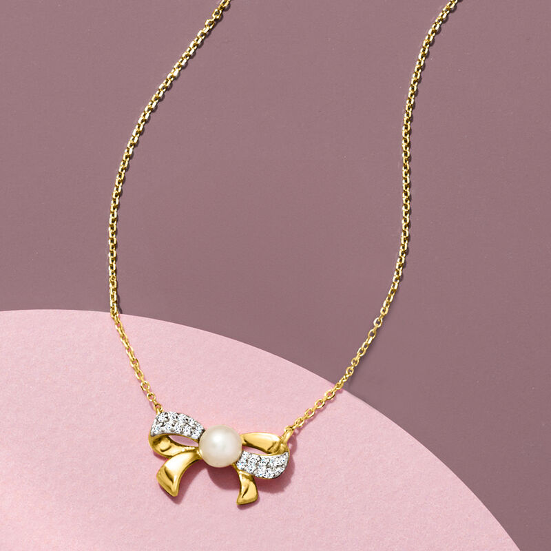 4-4.5mm Cultured Pearl Bow Necklace with Diamonds in 14kt Yellow Gold. 16" image number 2