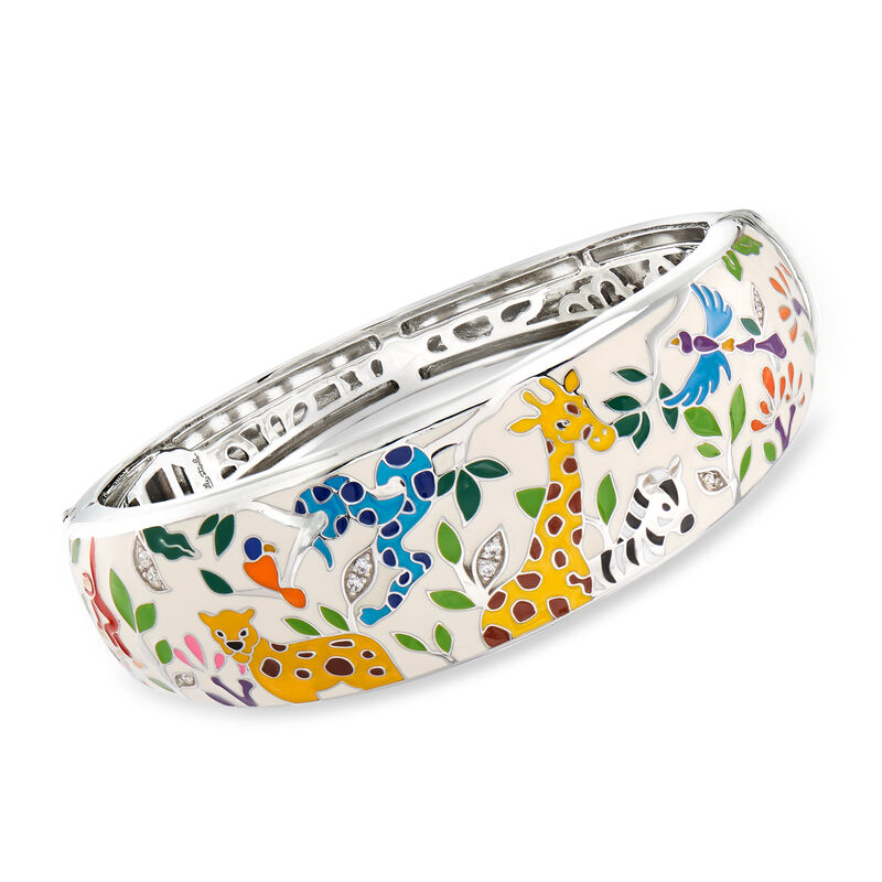 Belle Etoile &quot;Serengeti&quot; Ivory and Multicolored Enamel Bangle Bracelet with CZ Accents in Sterling Silver. 7.5&quot; image number 0