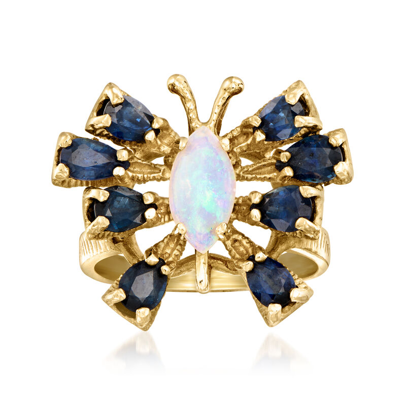 C. 1970 Vintage Opal and 1.60 ct. t.w. Sapphire Butterfly Ring in 14kt Yellow Gold. Size 6 image number 0