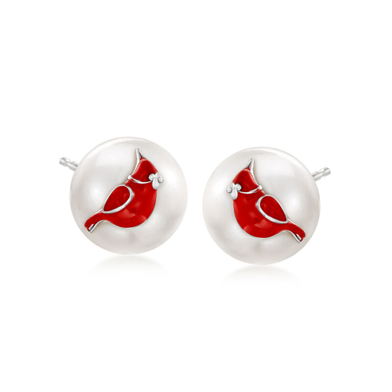 8.5-9mm Cultured Pearl and Red Enamel Cardinal Stud Earrings in Sterling Silver  image number 0