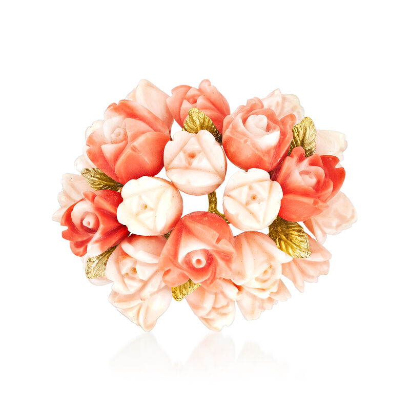 C. 1960 Vintage Peach Coral Flower Bouquet Pin in 14kt Yellow Gold  image number 0
