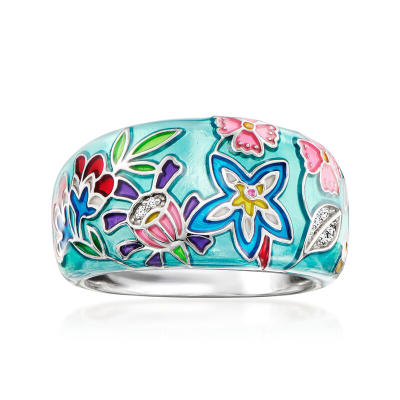 Belle Etoile "Fleurette" Multicolored Enamel Ring with CZs in Sterling Silver image number 0