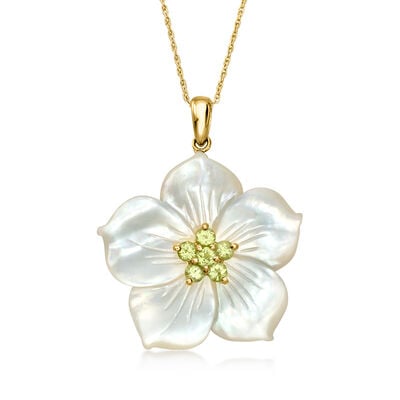 C. 1990 Vintage Mother-of-Pearl and .50 ct. t.w. Peridot Flower Pendant Necklace in 14kt Yellow Gold
