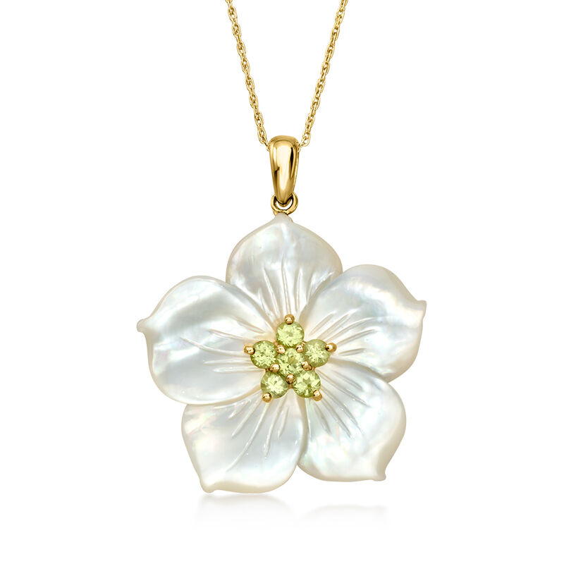 C. 1990 Vintage Mother-of-Pearl and .50 ct. t.w. Peridot Flower Pendant Necklace in 14kt Yellow Gold. 18" image number 0