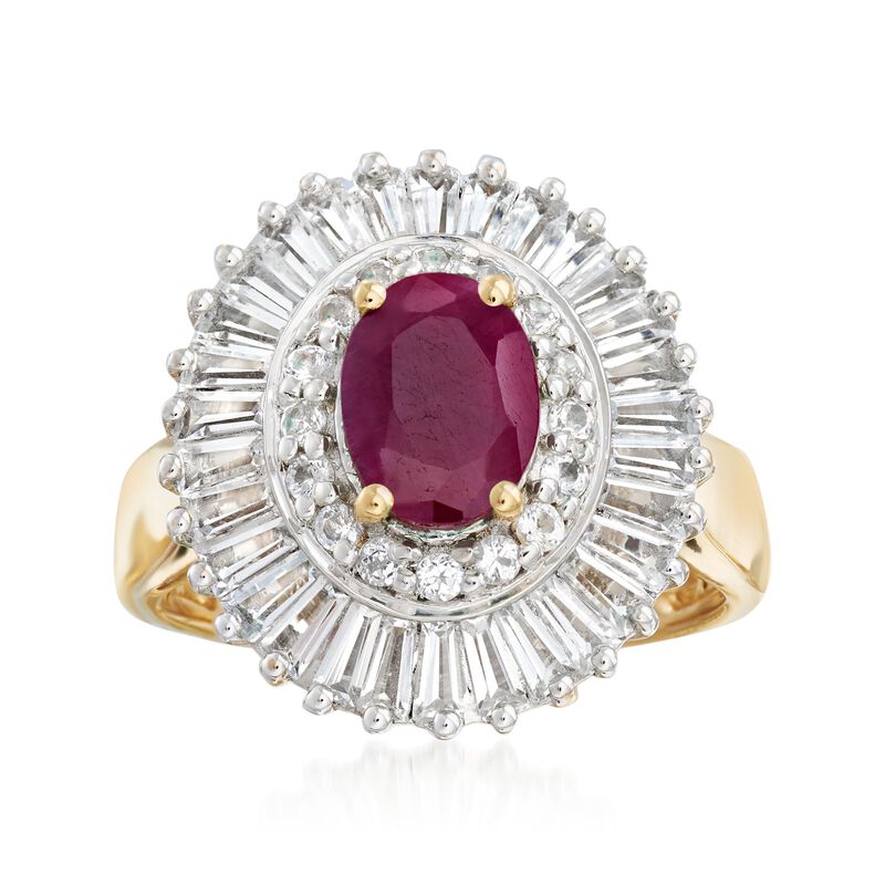 1.50 Carat Ruby and 2.00 ct. t.w. White Topaz Ring in 18kt Gold Over Sterling image number 0