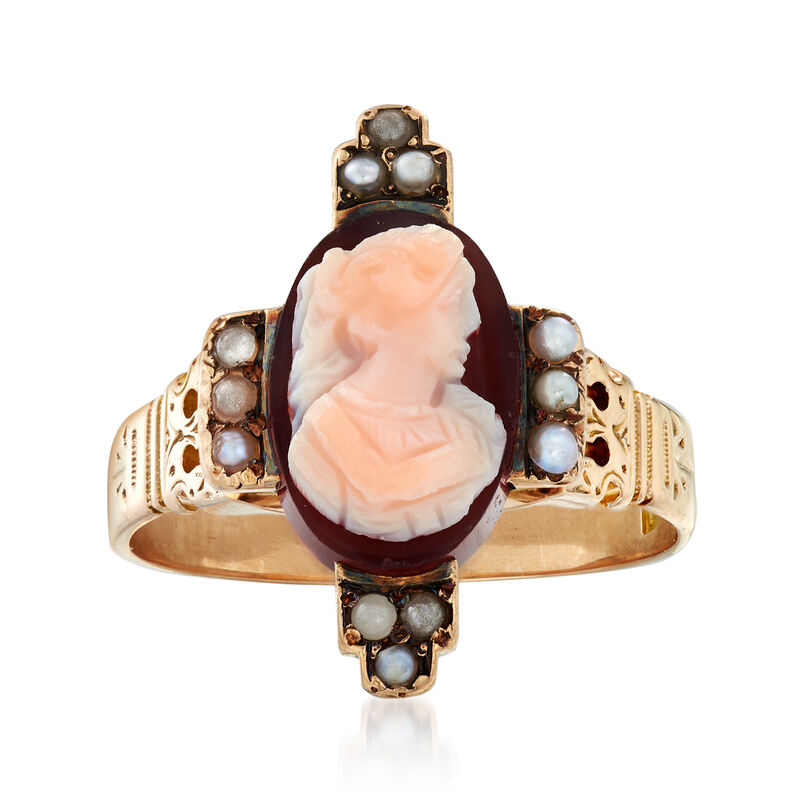 C. 1920 Vintage 1.5mm Cultured Pearl and Agate Cameo Ring in 14kt Yellow Gold image number 0