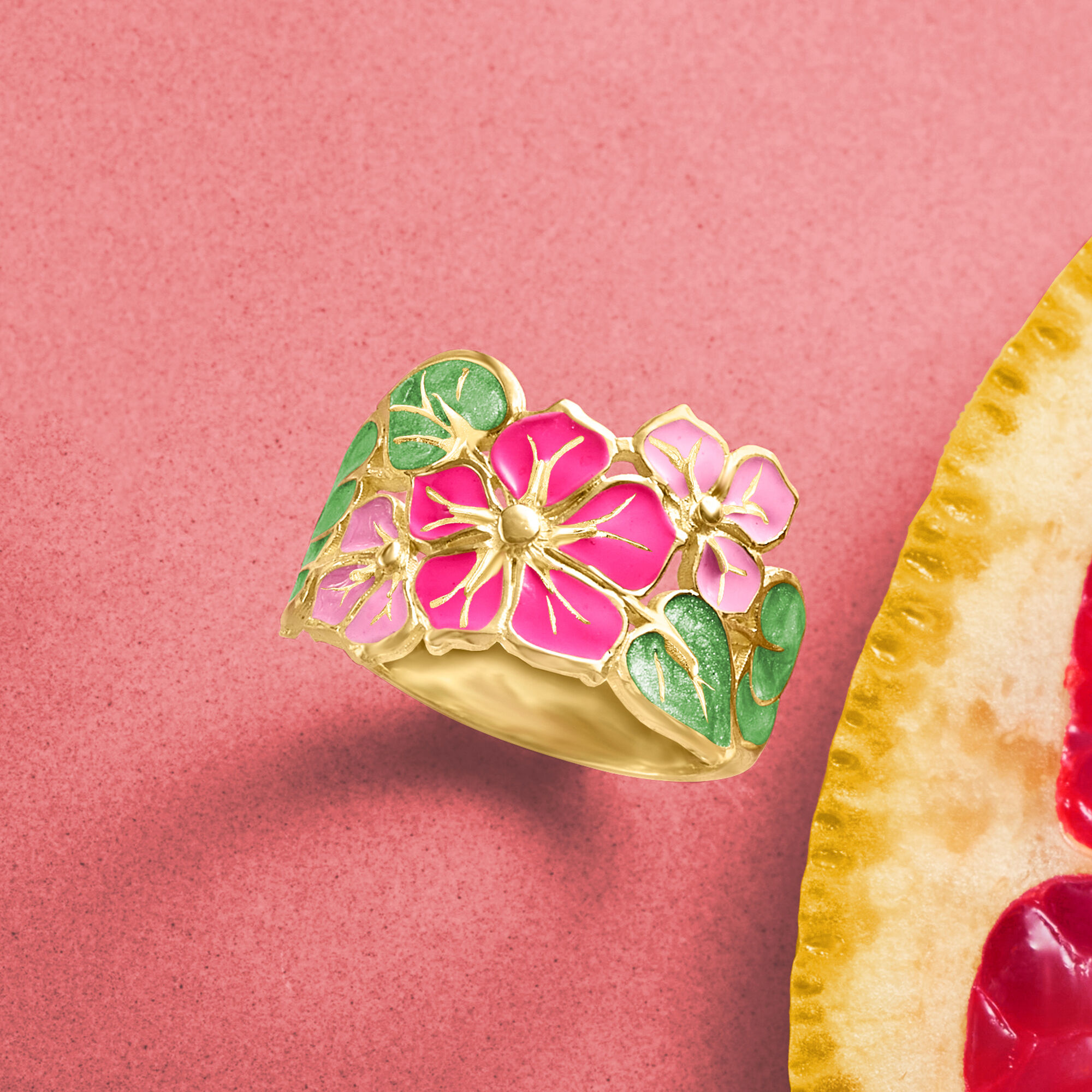 Italian Multicolored Enamel Flower Ring in 14kt Yellow Gold