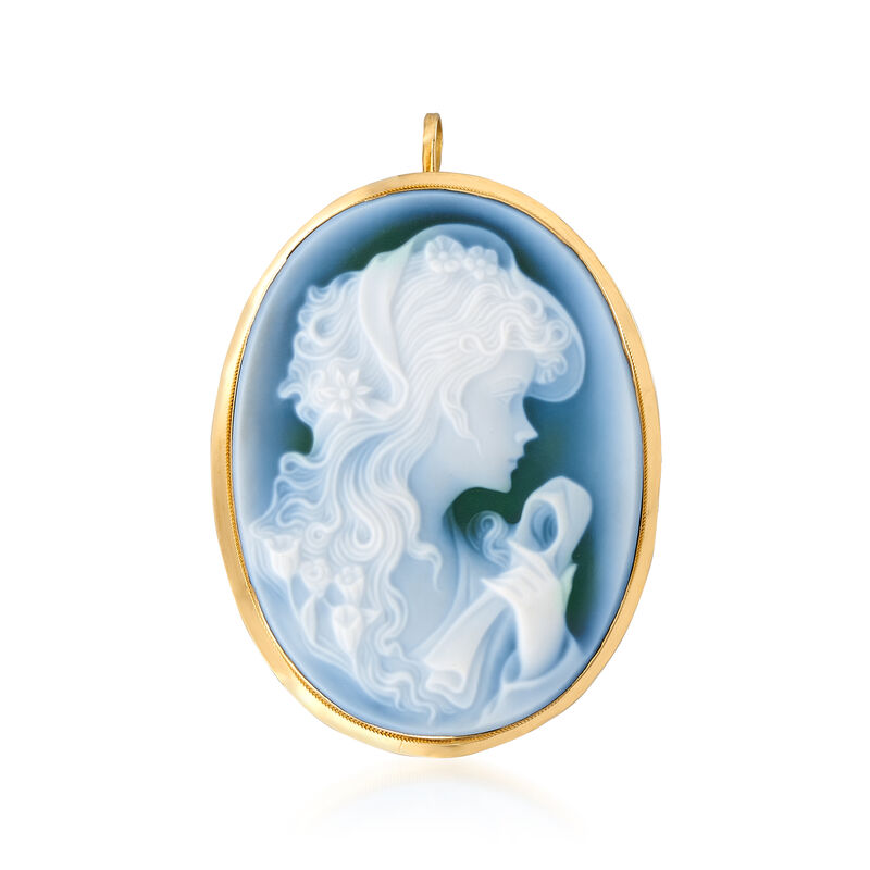 C. 1980 Vintage Blue Agate Cameo Pin Pendant in 18kt Yellow Gold image number 0