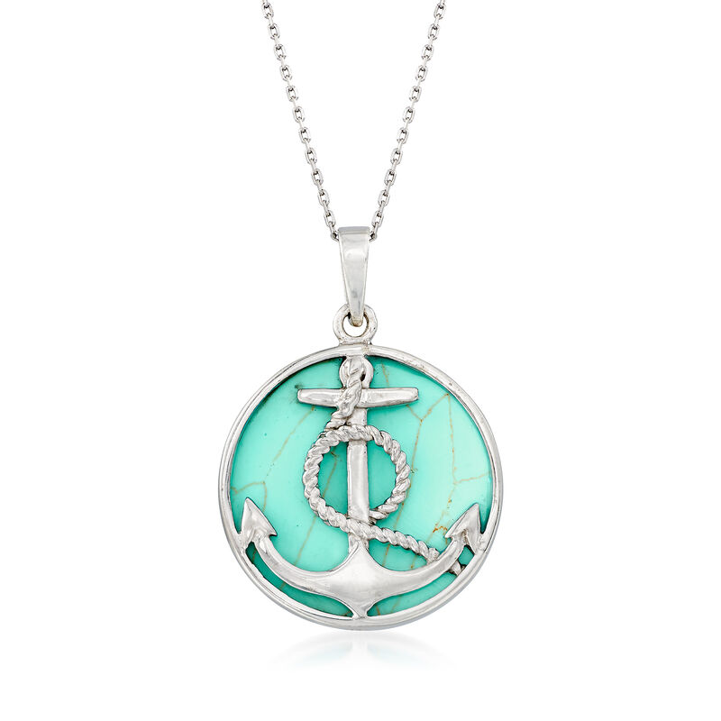 Synthetic Turquoise Anchor Necklace in Sterling Silver. 18&quot; image number 1