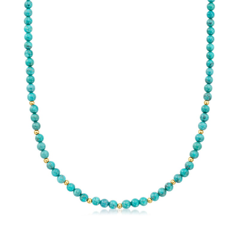 5mm Turquoise Bead Necklace with 14kt Yellow Gold. 16&quot; image number 1