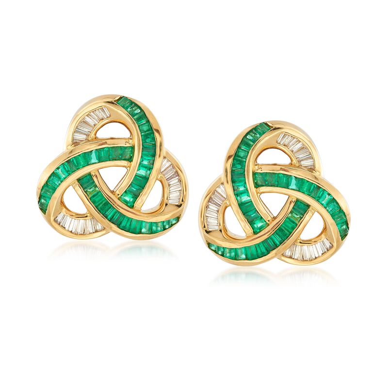 C. 2000 Vintage 2.75 ct. t.w. Emerald and .75 ct. t.w. Diamond Trinity Knot Earrings in 18kt Yellow Gold image number 0