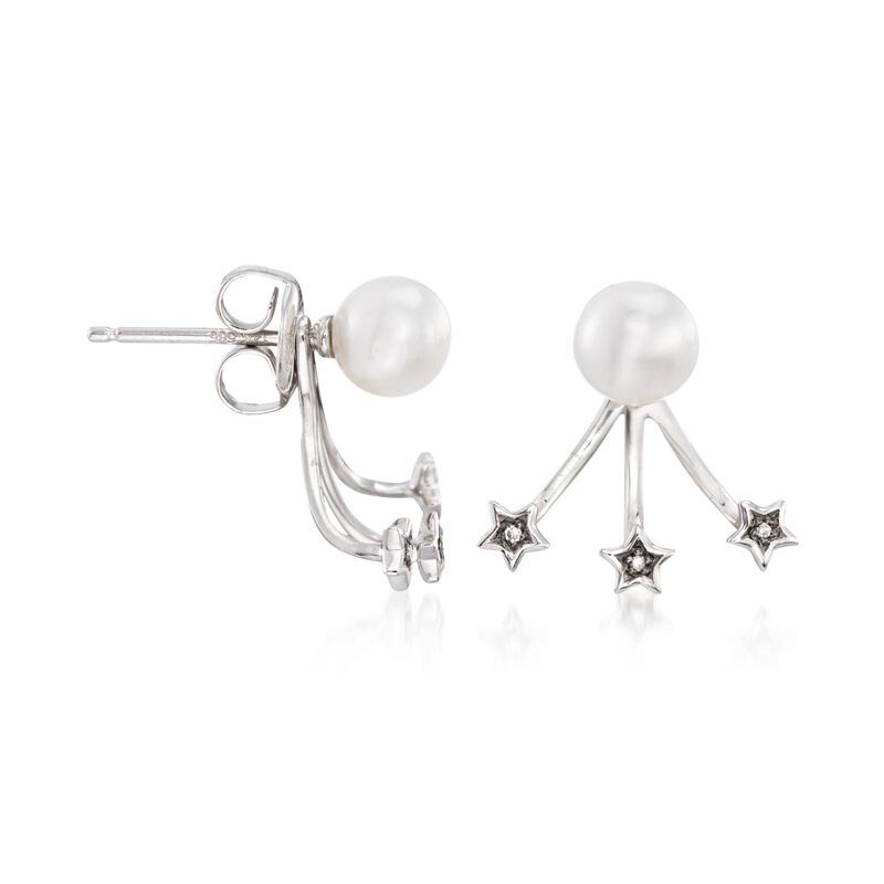 6mm Cultured Pearl and Diamond Accent Jewelry Set: Earrings and Front-Back Jackets in 14kt White Gold image number 1