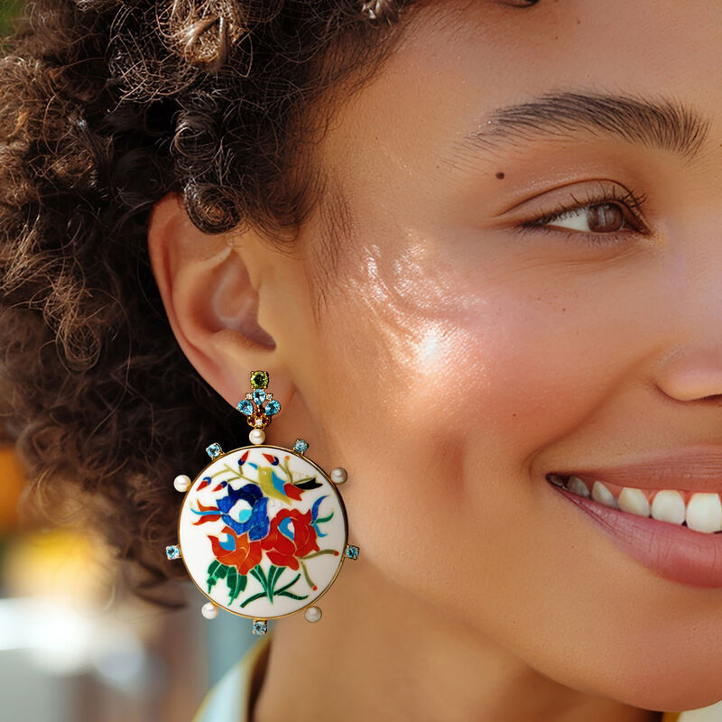 3.50 ct. t.w. Multi-Gemstone Bird and Flower Inlay Drop Earrings with 3.5-4mm Cultured Pearls and .12 ct. t.w. Diamonds in 18kt Yellow Gold  image number 1