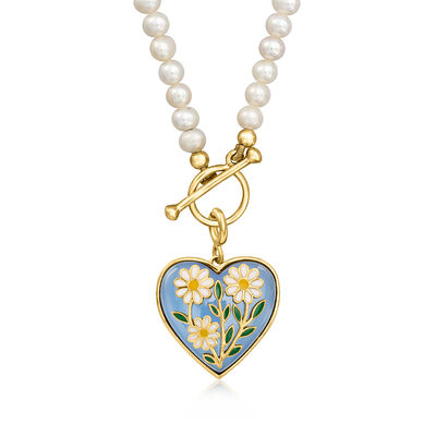 Blue Chalcedony Heart Charm with Multicolored Enamel Daisies in 18kt Gold Over Sterling