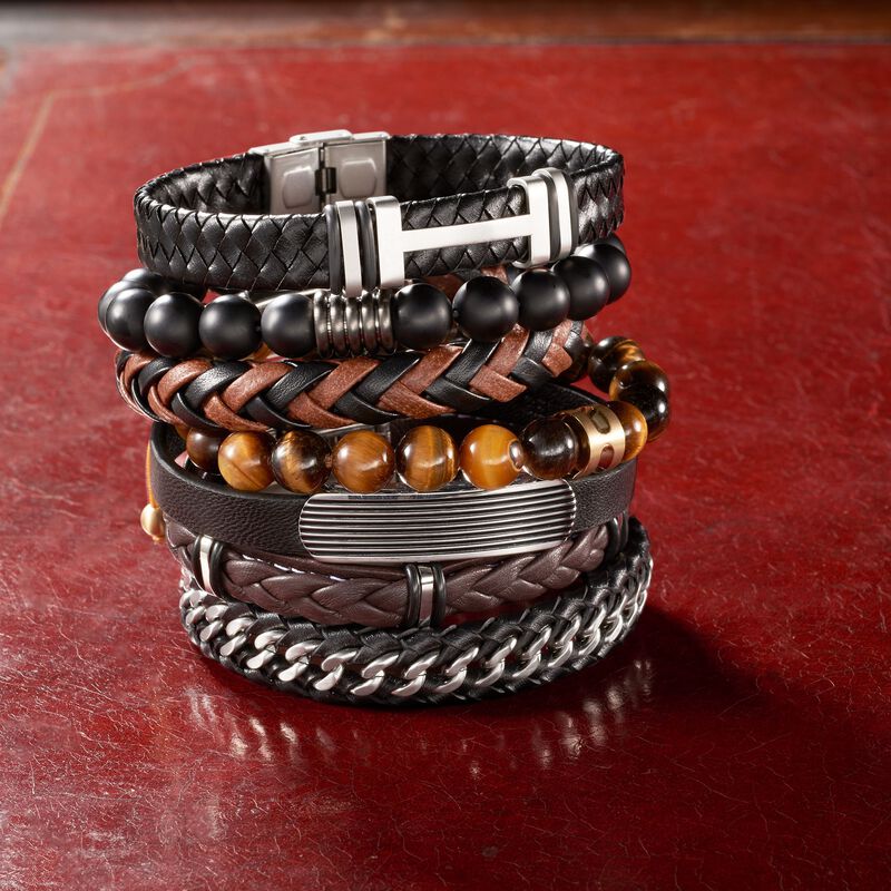 Men's Black Leather and Stainless Steel Curb-Link Bracelet image number 1