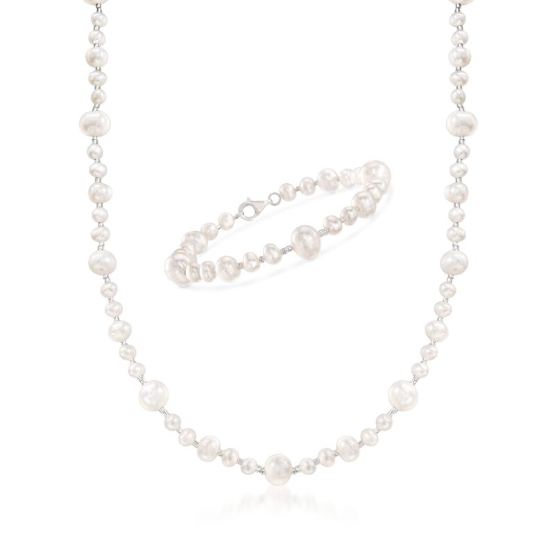 5-9mm Cultured Pearl and Glass Bead Necklace with Free Bracelet image number 0