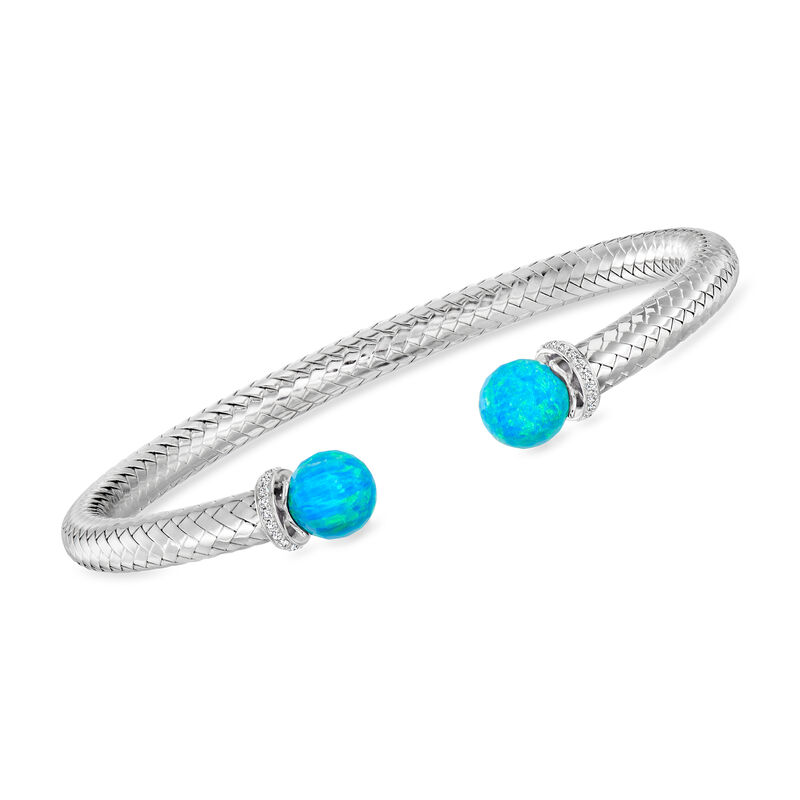 Charles Garnier 8mm Simulated Blue Opal Bead and .20 ct. t.w. CZ Cuff Bracelet in Sterling Silver. 7.5&quot; image number 0