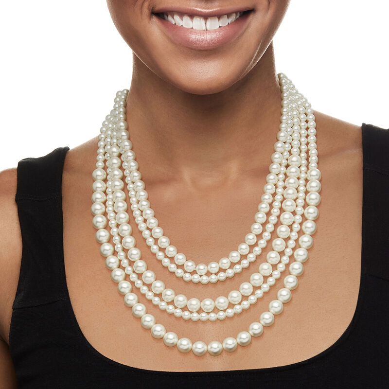 4-10mm Shell Pearl Layered Necklace with Sterling Silver image number 1