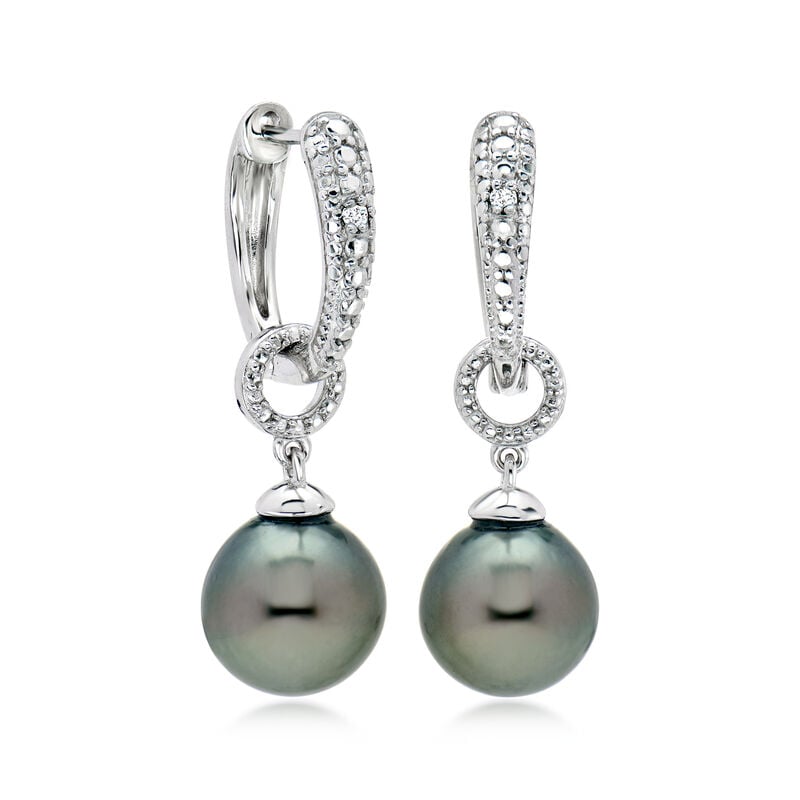 8-8.5mm Black Cultured Tahitian Pearl Hoop Drop Earrings with Diamonds in Sterling Silver image number 0