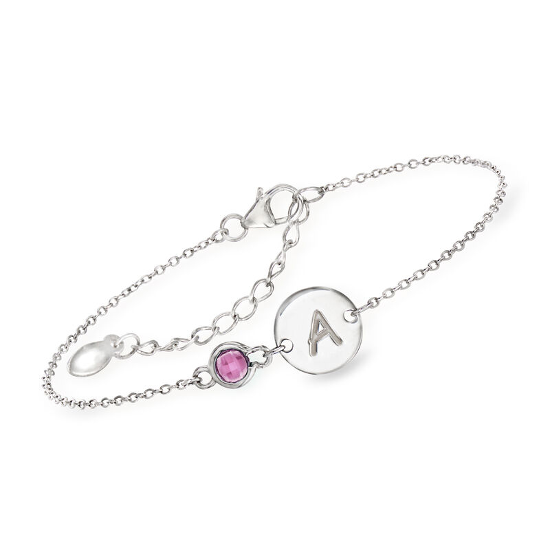 October/Simulated Pink Tourmaline - Sterling Silver Disc Bracelet with Birthstone. 6" image number 0