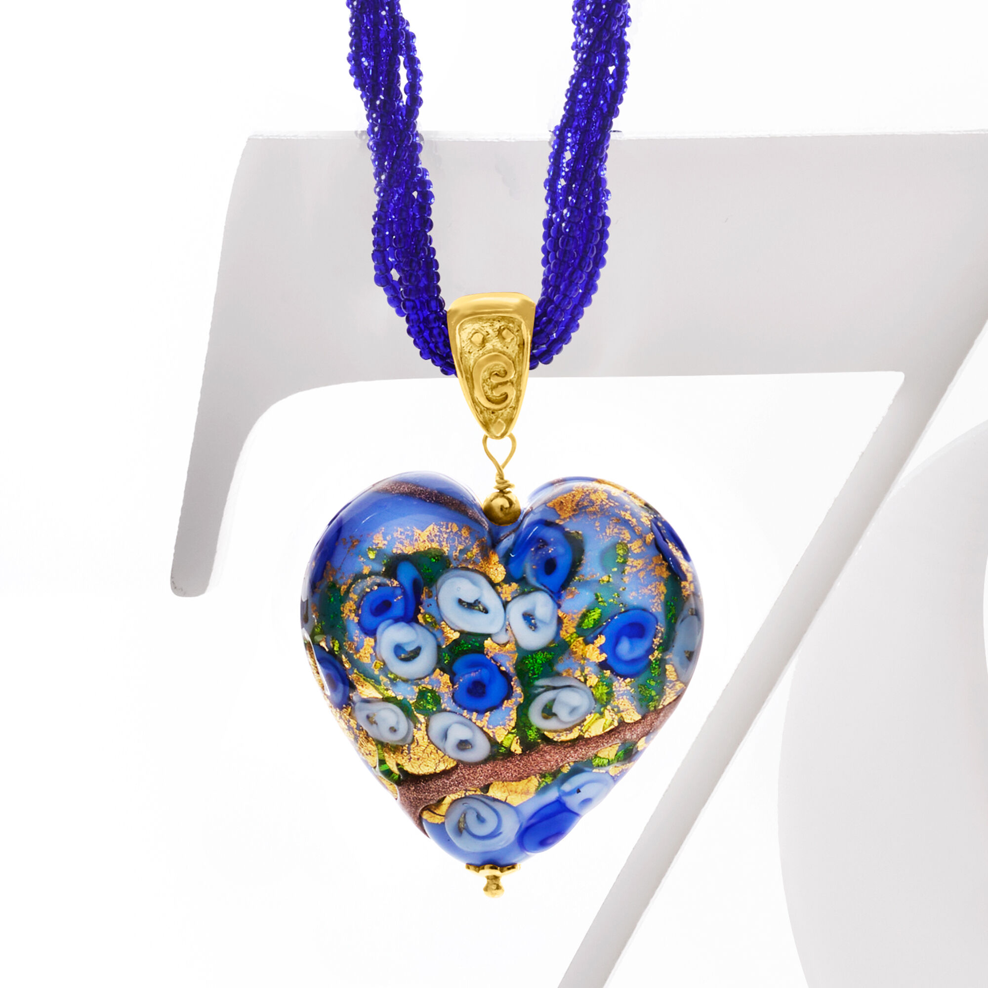 Italian Multicolored Murano Heart Pendant Necklace in 18kt