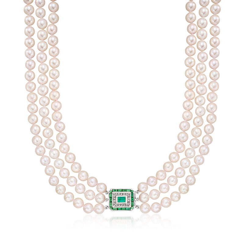 C. 1970 Vintage 7mm Cultured Pearl, 1.10 ct. t.w. Emerald and .36 ct. t.w. Diamond Three-Strand Necklace in Platinum. 17.5&quot; image number 0