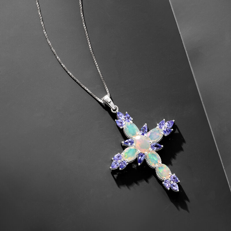 Ethiopian Opal and 1.90 ct. t.w. Tanzanite Cross Pendant Necklace in Sterling Silver image number 3