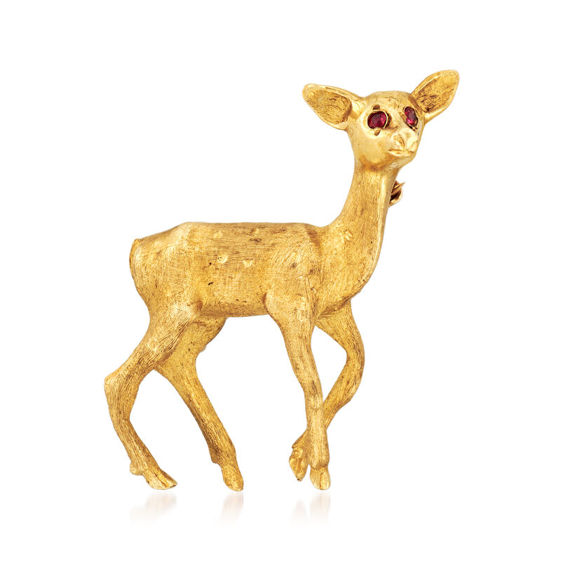C. 1970 Vintage Deer Pin with Ruby Accents in 14kt Yellow Gold image number 0