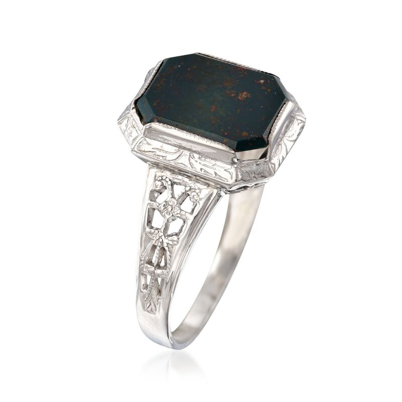 C. 1950 Vintage Bloodstone Floral Openwork Ring in 14kt White Gold. Size 7 image number 2