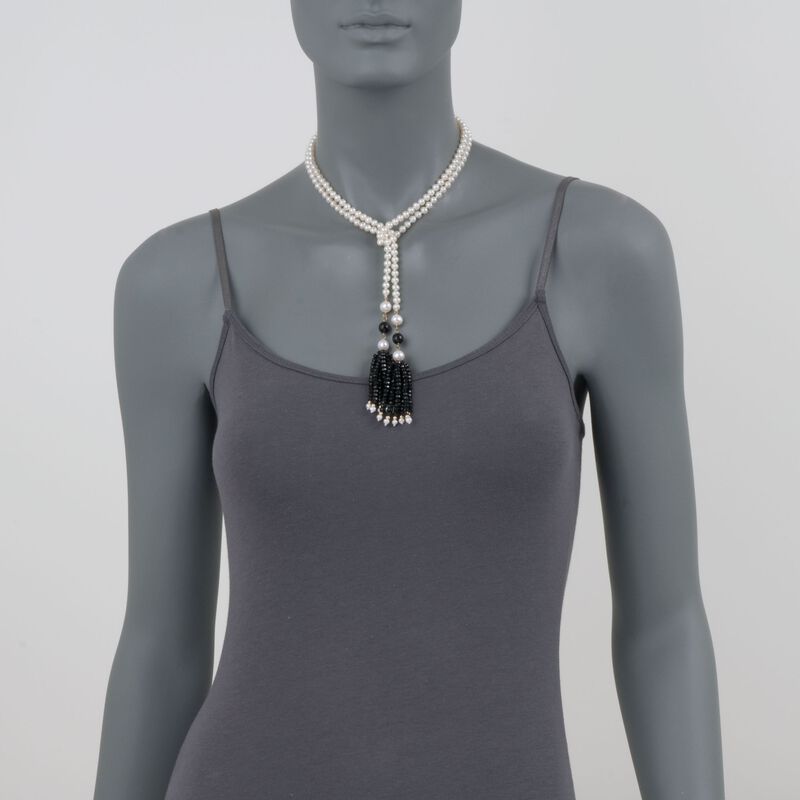 Cultured Pearl Lariat Necklace with Black Onyx Tassels and 14kt Yellow Gold image number 2