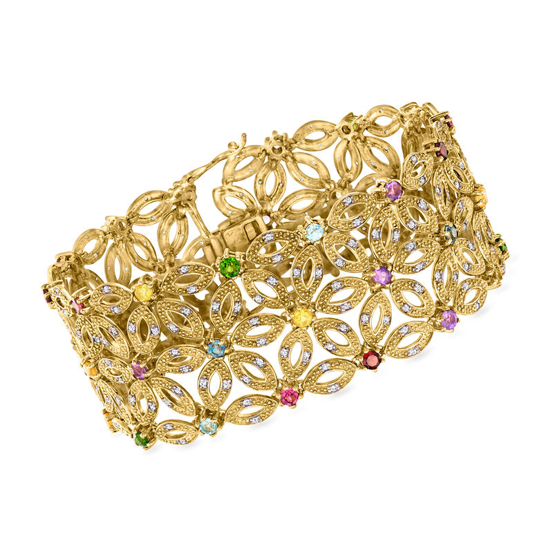 6.60 ct. t.w. Multi-Gemstone Floral-Pattern Bracelet in 18kt Gold Over Sterling. 7.5&quot; image number 0