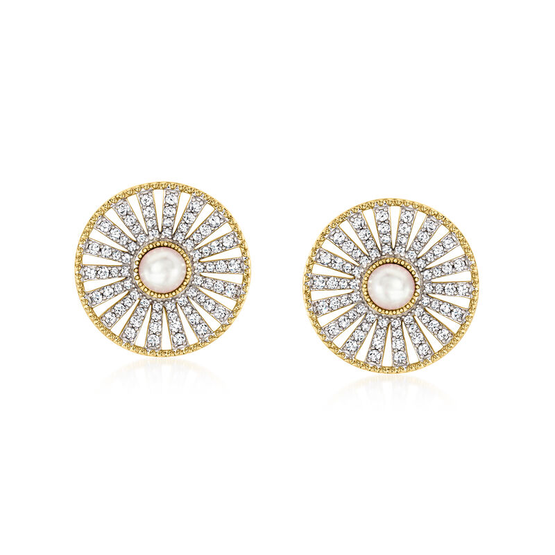 5-5.5mm Cultured Pearl and 1.50 ct. t.w. White Zircon Earrings in 18kt Gold Over Sterling  image number 0