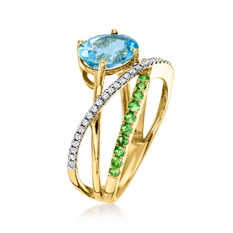 1.80 Carat Swiss Blue Topaz Highway Ring with .30 ct. t.w. Tsavorites and .13 ct. t.w. Diamonds in 14kt Yellow Gold image number 2