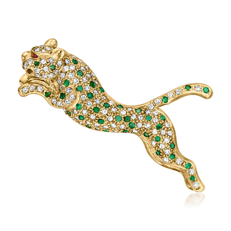 C. 1990 Vintage 1.35 ct. t.w. Diamond and .75 ct. t.w. Emerald Leopard Pin with Single Ruby in 14kt Yellow Gold image number 0