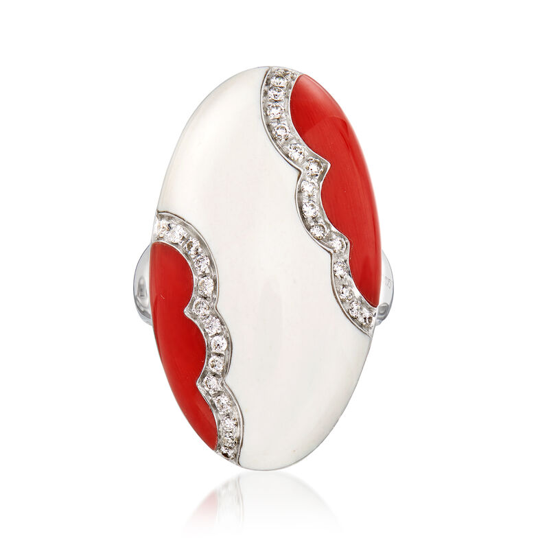 C. 1990 Vintage White Jade, Red Coral and .36 ct. t.w. Diamond Ring in 18kt White Gold image number 0