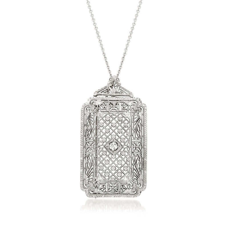 C. 1950 Vintage Platinum and 14kt White Gold Filigree Pin/Pendant Necklace with Diamond Accent image number 0