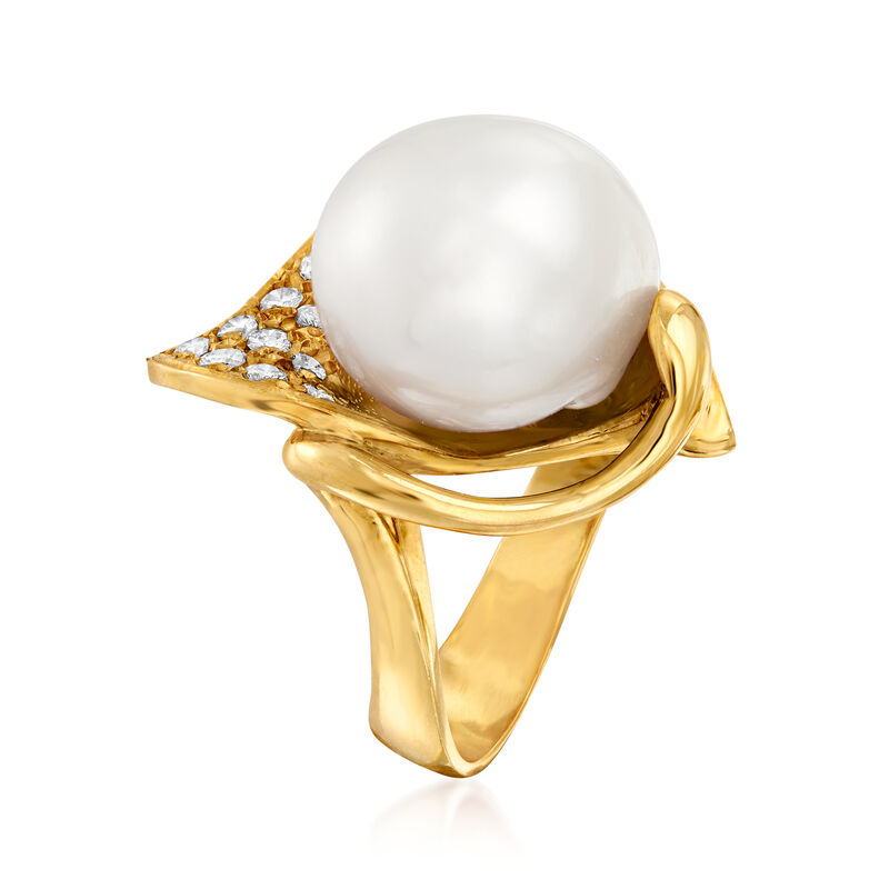 C. 1980 Vintage 15x13mm Cultured Baroque Pearl and .51 ct. t.w. Diamond Ring in 18kt Yellow Gold image number 2