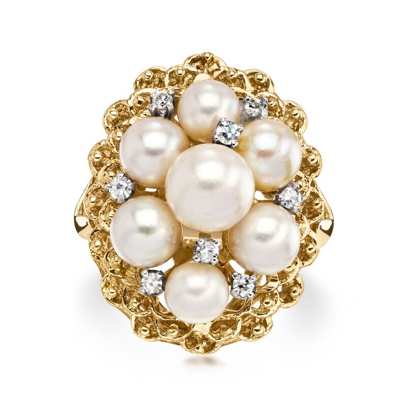 C. 1980 Vintage 6-7mm Cultured Pearl Cluster Ring with Diamonds in 14kt Yellow Gold. Size 6 image number 0