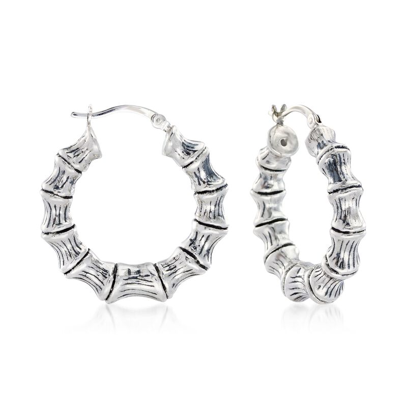 Sterling Silver Small Bamboo Hoop Earrings. 1 1/8&quot; image number 0