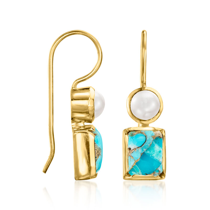 Turquoise and 4.5-5mm Cultured Pearl Drop Earrings in 18kt Gold Over Sterling  image number 2