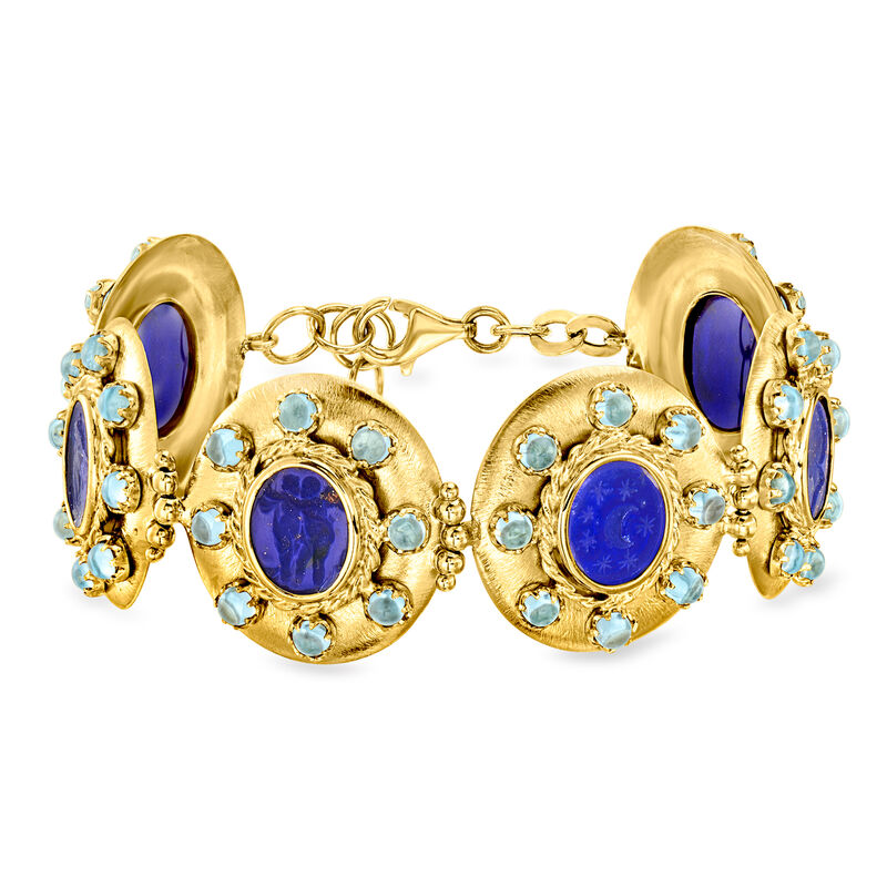 Italian Tagliamonte Blue Venetian Glass Bracelet with 4.80 ct. t.w. Sky Blue Topaz in 18kt Gold Over Sterling. 7" image number 0