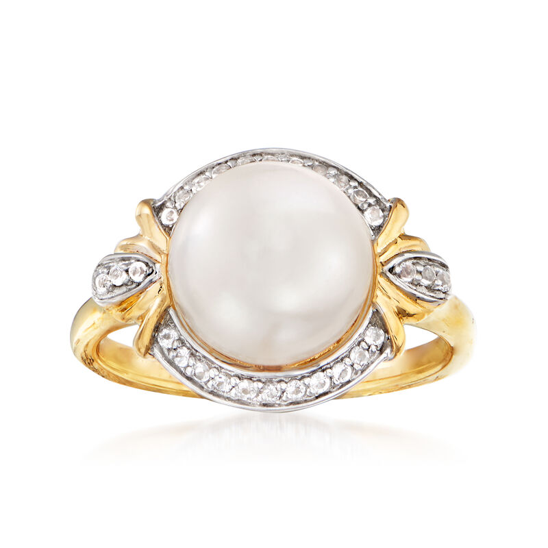 9.5-10mm Cultured Pearl and .10 ct. t.w. White Topaz Ring in 18kt Gold Over Sterling image number 0