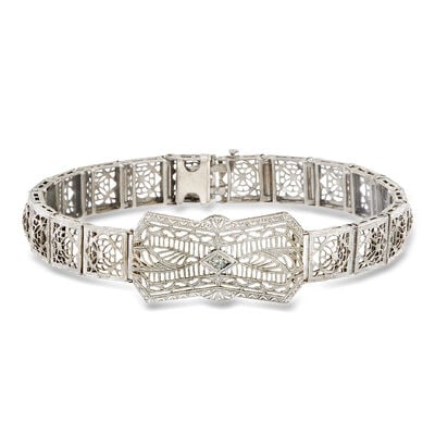 C. 1950 Vintage 14kt White Gold Openwork Bracelet with Single Diamond