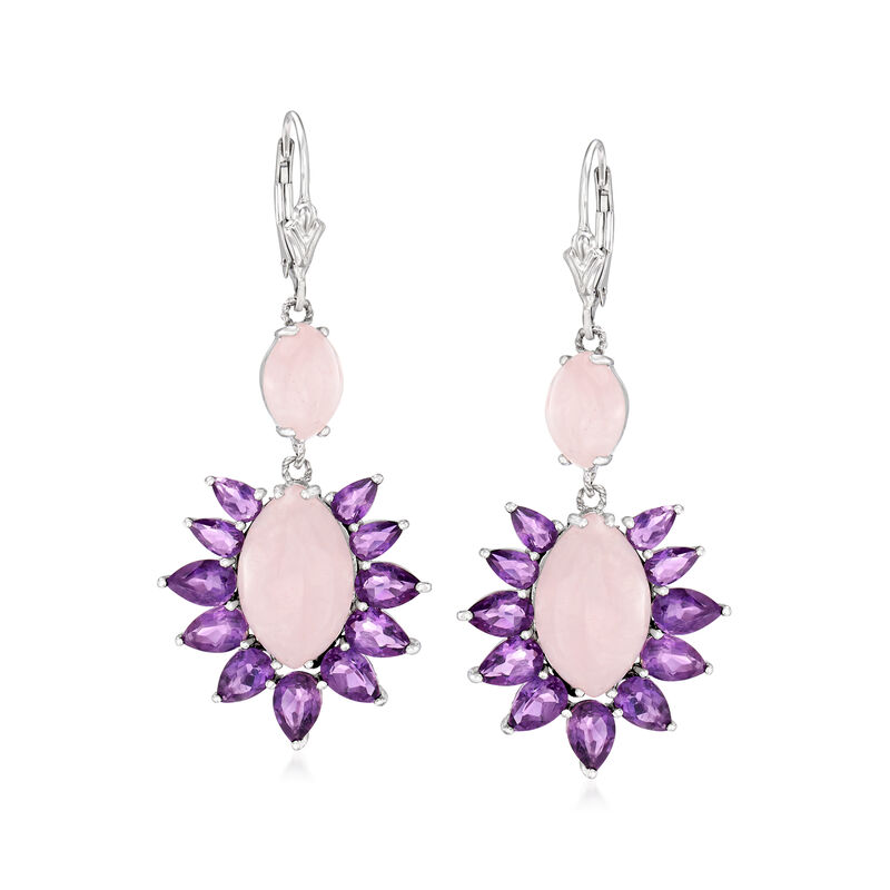 13.60 ct. t.w. Rose Quartz and 5.80 ct. t.w. Amethyst Drop Earrings in Sterling Silver image number 0